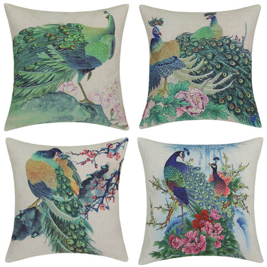 Traditional Flower Birds Painting Peacocks Throw Pillow Cover - Paruse