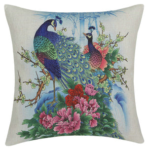 Traditional Flower Birds Painting Peacocks Throw Pillow Cover - Paruse